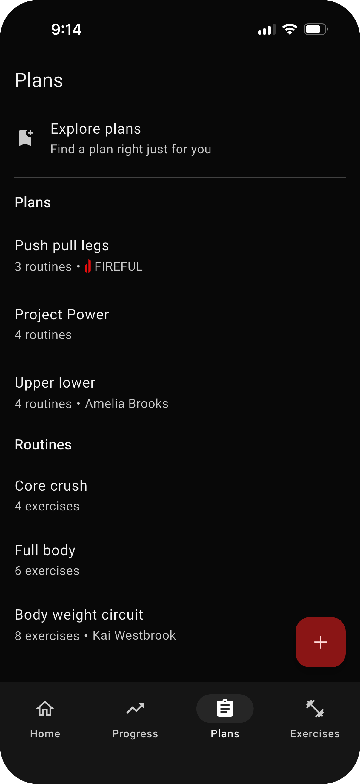 FIREFUL workout plans screen